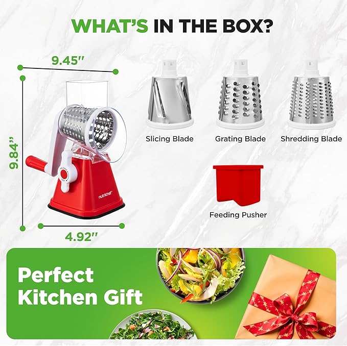 Nutrichef 3 in 1 Cheese Grater & Shredder | Strong Suction Base, Rotary Handle with Safety Lock | Includes Hand Crank & 3 Drum Blades for 3 Textures, Fine, Medium & Strips | Red - Image 8