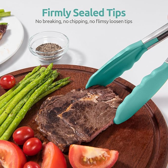 600ºF Heat Resistant Kitchen Tongs: U-Taste 9+12 inch Silicone Cooking Tong Set with Firm Sealed Non Stick Rubber Tips and Silicon Coated 18/8 Stainless Steel Handle for Serving Grilling (Aqua Sky) - Image 9