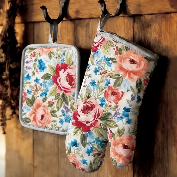 Floral Oven Mitts and Pot Holders Sets 2 Pcs, Canvas Heat Resistant Kitchen Mittens with Hot Pads, Vintage Farmhouse Country Decor, Non-Slip Cooking Baking Grilling Gifts for Women Mom (Flower5)