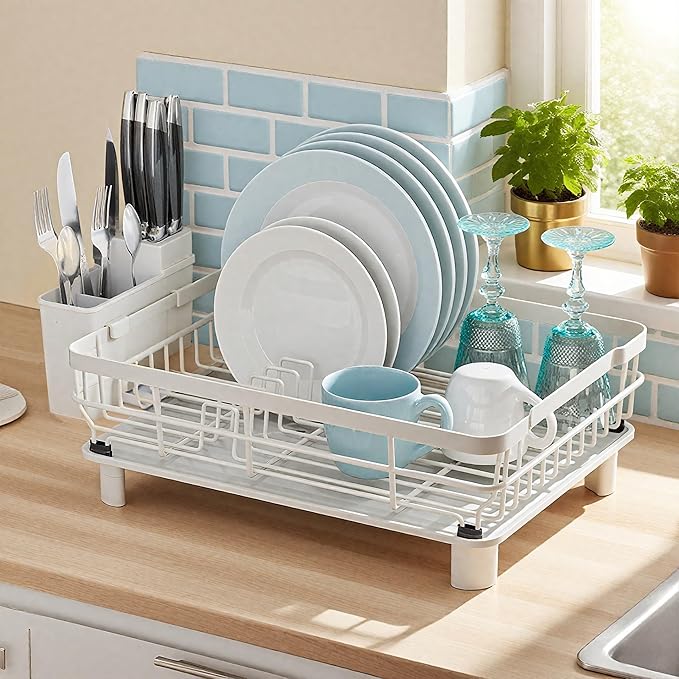 MOUKABAL Dish Drying Rack, Dish Rack, Stainless Steel Dish Racks for Kitchen Counter, Dish Drainer with Removable Utensil Holder, Drainboard (White,13''W x 17''L) - Image 7