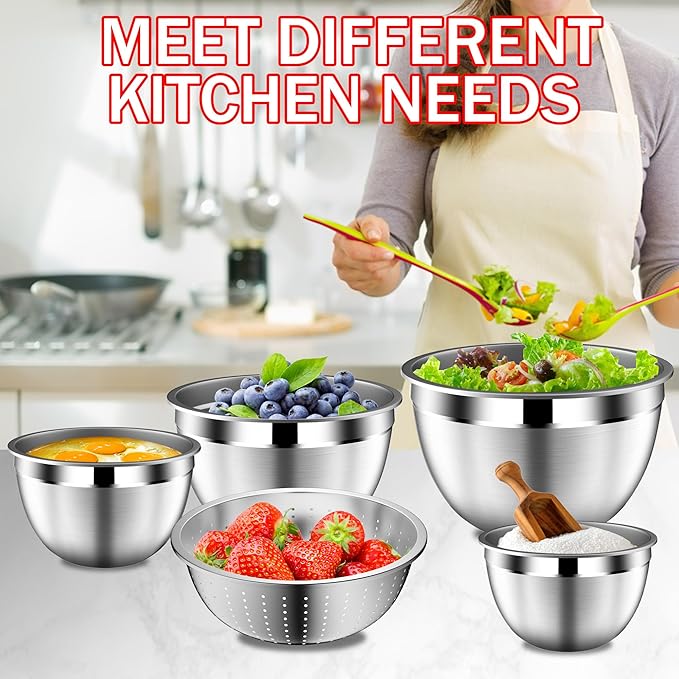 DUTZUN Mixing Bowls with Strainer, Mixing Bowl with Lids Set, Stainless Steel Mixing Bowls, Kitchen Gadgets Salad Bowls with Strainer for Mixing & Preping & Serving, Multicolor - Image 7