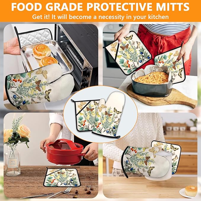 Wildflowers Butterfly Oven Mitts and Pot Holders Sets 4Pcs,Extra Long Oven Gloves Potholder for Kitchen Cooking Baking BBQ 100% Cotton Heat Resistant - Image 7
