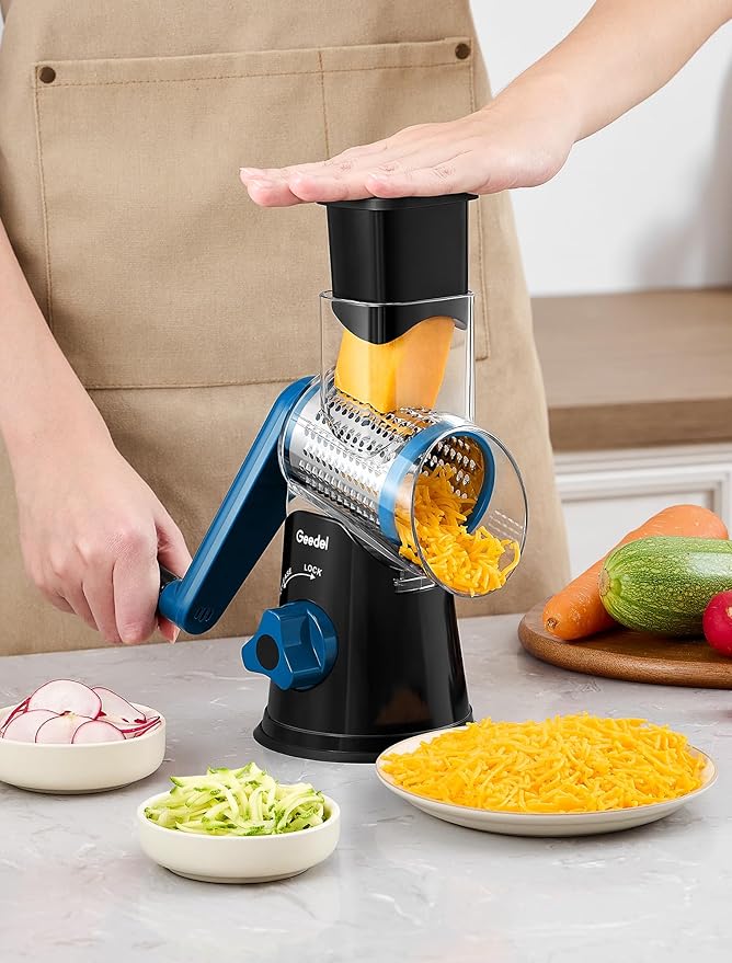 Geedel Rotary Cheese Grater, Kitchen Mandoline Vegetable Slicer with 3 Interchangeable Blades, Easy to Clean Rotary Grater Slicer for Fruit, Vegetables, Nuts - Image 9