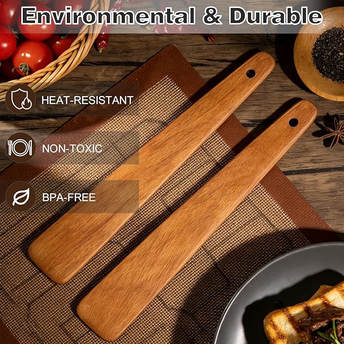 2PCS Teak Wooden Spatula for Cooking, 12 Inch Wood Spatula Turner & Egg Flipper Scraper for Cast Iron, Flat Wood Cooking Utensils, Spatulas Spoons Perfect for White Elephant Gift ideas, Kitchen Gifts