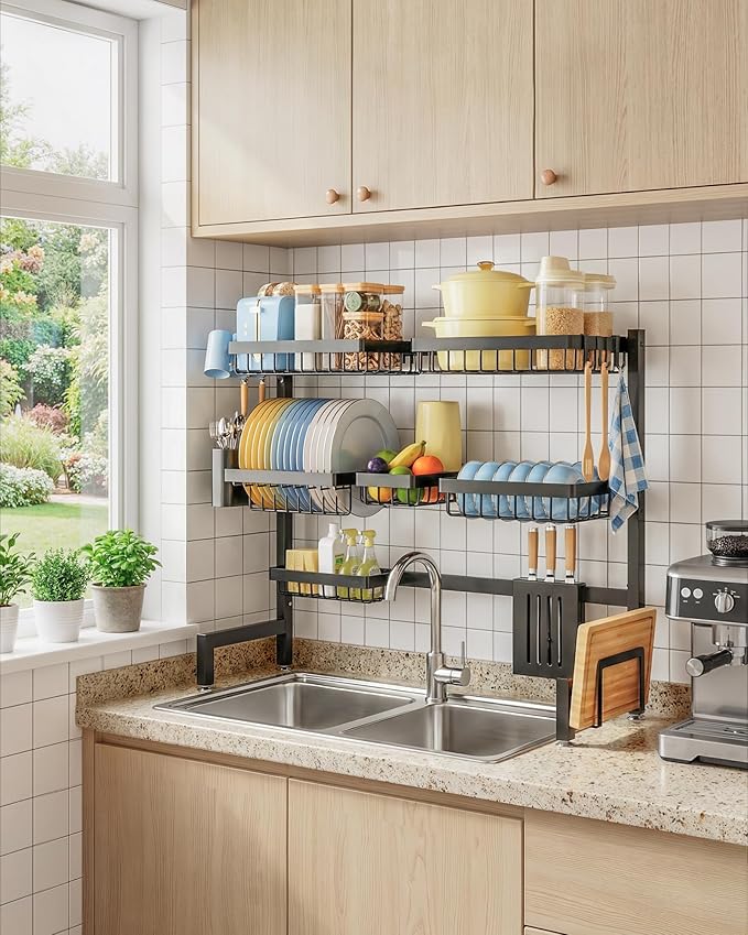 Sakugi Dish Drying Rack - Over The Sink Dish Drainer Drying Rack with Utensil & Knife Holder, Hooks, Stainless Steel Kitchen Organizers and Storage Solution, 11.8" D x 31.5"~39.0''W x 30" H, Black - Image 7