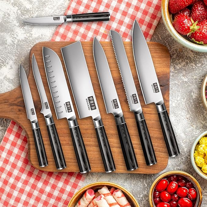 MDHAND Chef Knife Set with Roll Bag, 9PCS Professional Knife Sets with Sharpener, High Carbon Stainless Steel Japanese Kitchen Knives - Black Pakkawood Handle, Dishwasher Safe, For Cooking, Chef Gifts