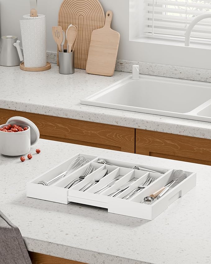 Kitsure Silverware Organizer - Expandable Bamboo Kitchen Drawer Organizer for Cooking Utensils and Cutlery, Sturdy & Thickened Kitchen Organizers and Storage Solution, Large, White - Image 3