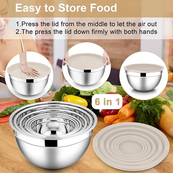 E-far Mixing Bowls with Lids, 12-Piece Stainless Steel Salad Bowls Metal Nesting Bowls for Baking Cooking and Prepping, Airtight Lids & Stackable Design, Size 7, 4.5, 3, 1.5, 1.2, 0.7 QT (Khaki) - Image 7