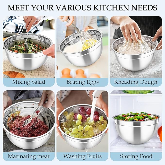 TeamFar Mixing Bowls, Stainless Steel Nesting Salad Bowls with Lids Set of 3 & 3 Grater Attachments, For Mixing/Serving/Storing, Non-toxic & Long-lasting, Size 4.6/3 / 1.5 QT, Black - Image 7