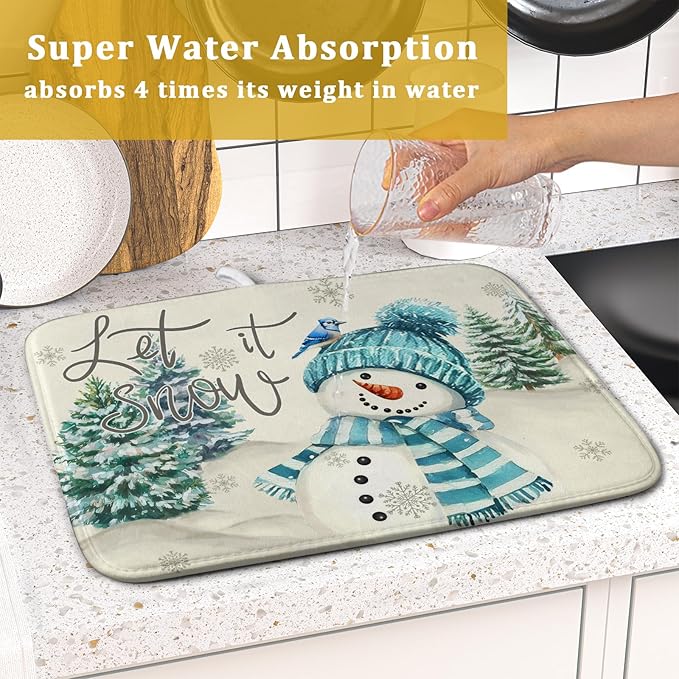 Giwawa Blue Snowman Dish Drying Mat Xmas Trees Bird Winter Snowy Scene Dish Drainer Mats 16"x18" Microfiber Reversible Dish Drying Rack Pad Protector for Kitchen Countertop Decor