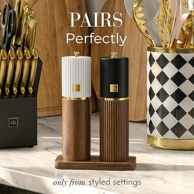 Wooden Salt and Pepper Grinder Set – Refillable Manual Salt and Pepper Mills with Adjustable Ceramic Burrs, Gold Detailing, and Wood Stand – White, Black and Acacia - Image 9