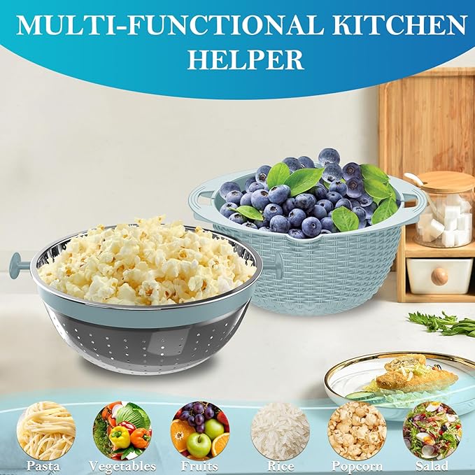 4 in 1 Colander with Mixing Bowl Set, Colander for Kitchen, Strainers and Colanders, Pasta Strainer, Fruit Cleaner, Veggie Wash, Aesthetic Kitchen Essentials - Blue - Image 7