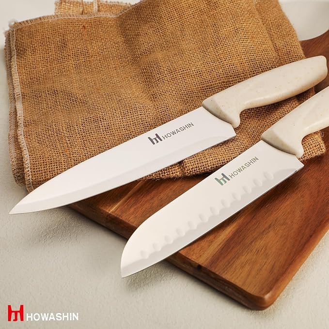 White Knife Set, Howashin 15 Pieces Kitchen Knife Set with Built in Knife Sharpener, High Carbon German Stainless Steel Knife Block Set, Dishwasher Safe Knives Set