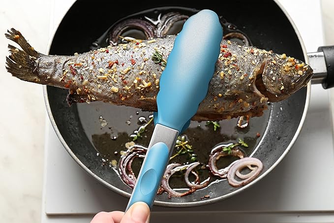 2 Pack Silicone Kitchen Tongs – 9" & 12" Set, Heat Resistant up to 500°F, Non‑Stick Cookware Safe, Wavy Silicone Tips, BPA Free, Locking Clip & Hanging Loop, Blue - Image 8