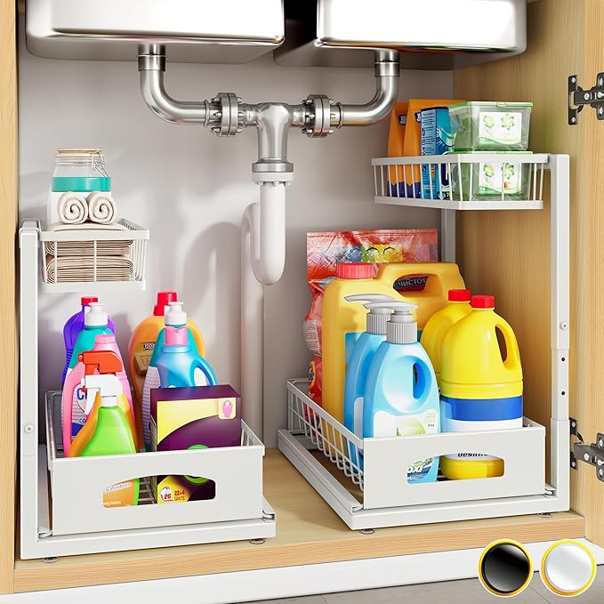 Under Sink Organizer, 2 Pack Cabinet Organizer for Kitchen, Height Adjustable Pull Out Heavy Duty 2 Tier Metal Under Sink Storage for Bathroom Pantry (White, 2 Pack) - Image 9