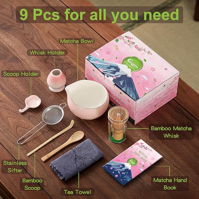 Clay&Fire Matcha Whisk Set, 9 pcs Ceramic Matcha Set, Gifts for Women,Matcha Bowl with Spout and Whisk, Matcha Kit for Matcha Lovers, Ideal Gift Christmas, Birthday, Anniversary (Cherry Bloom-Pink) - Image 6