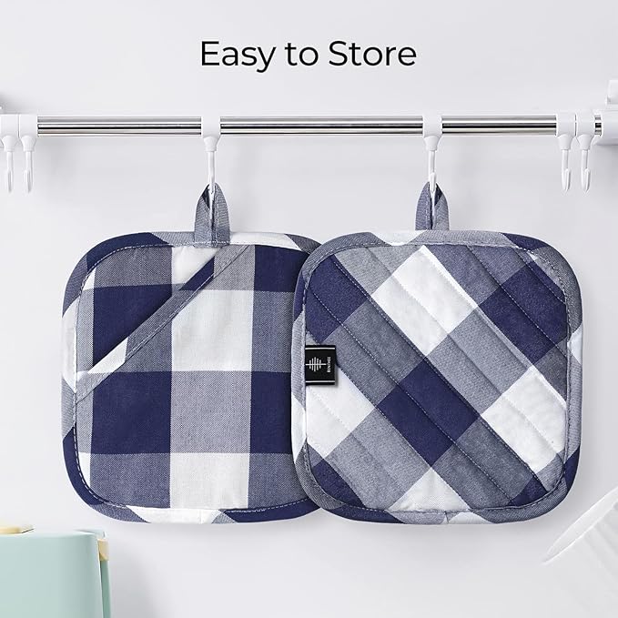Cotton Pot Holders for Kitchen Heat Resistant Potholder, Hot Pads, Trivet Coaster Non-Slip Potholders Set for Cooking and Baking (2, Blue Plaid, Square,8.27 in²)
