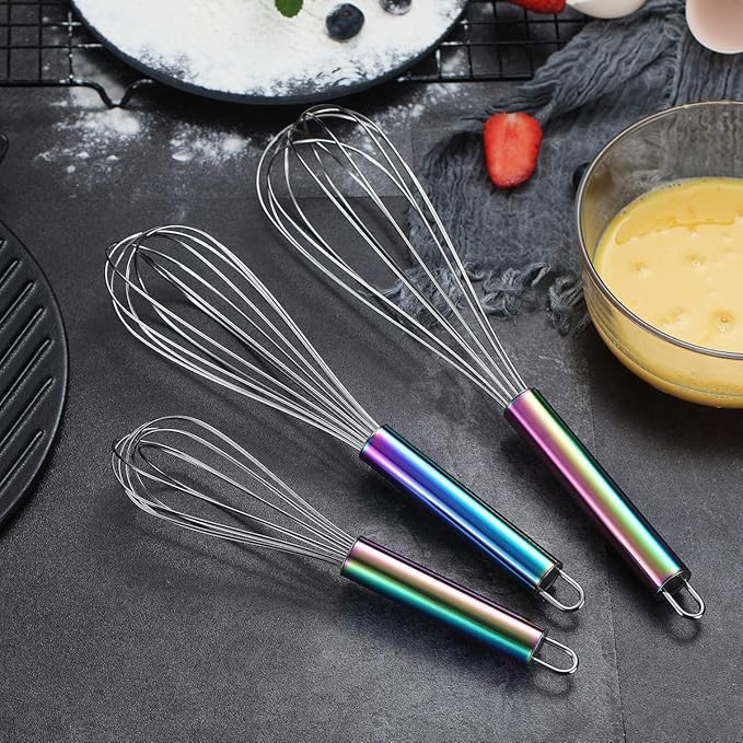 Berglander Rainbow Handle Whisk Pack of 3 Stainless Steel 8",10",12", Titianium Plating Colorful Handle Whisks for Cooking, Beater,Wire Whisk Set Kitchen Wisk (Rainbow Handle) - Image 9