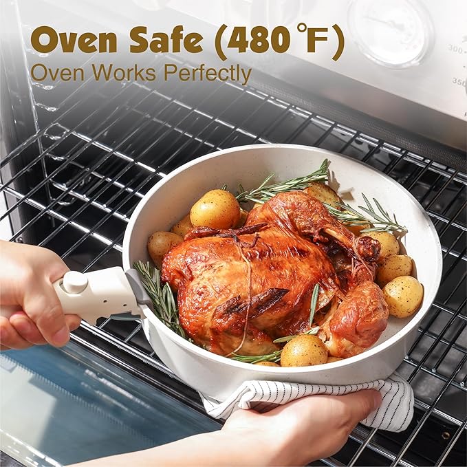 SENSARTE 17 Piece Pots and Pans Set, Nonstick Detachable Handle Cookware Set, Induction Kitchen Cookware Set with Removable Handle, Healthy Non Stick for RV, Dishwasher & Oven Safe, PFOA Free (White) - Image 7