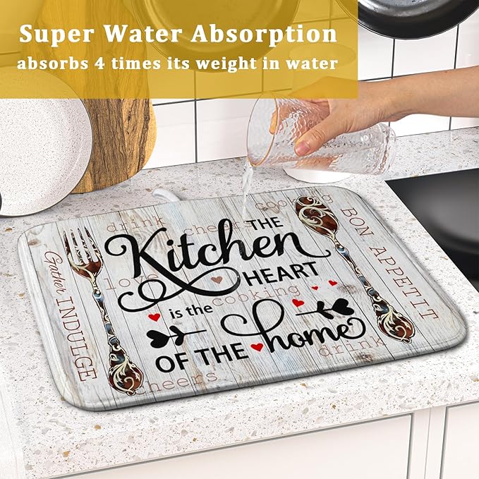 Giwawa 16"x18" Dish Drying Mat The Kitchen is The Heart of The Home- Knife Fork Cutlery Dish Drainer Mats- Rustic Wood Board Reversible Microfiber Dish Drying Pad for Kitchen Countertop Decor