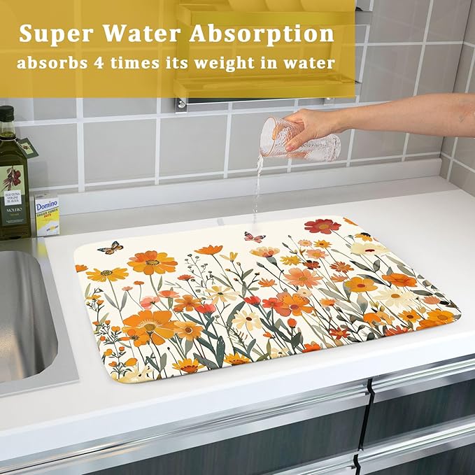 Fall Orange Wildflower Dish Drying Mat for Kitchen Counter,Autumn Floral Butterflies Drying Mat 18 x 24 Inch with Absorbent Reversible Microfiber Dish Drying Pad Dish Pad for Coffee Bar - Image 7