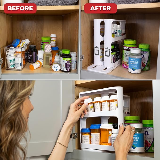 Cabinet Caddy Spice Rack Organizer for Cabinet - Slide & Rotate Kitchen Organizers and Storage - 2 Double-Decker Shelves - Non-Skid Base - Magnetic Modular Design - 10.8" H x 5.25" W x 10.8" D - Image 8