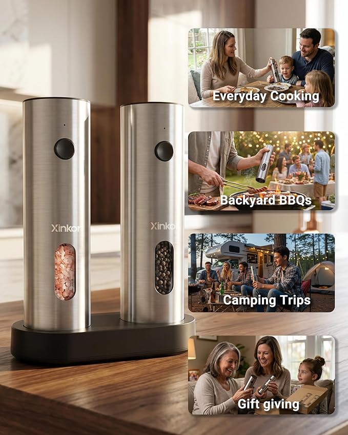Electric Salt and Pepper Grinder Set with USB-C Charging Base, Stainless Steel Automatic Rechargeable Salt and Pepper Grinder with LED Light & Large Capacity, 6 Adjustable Coarseness Settings