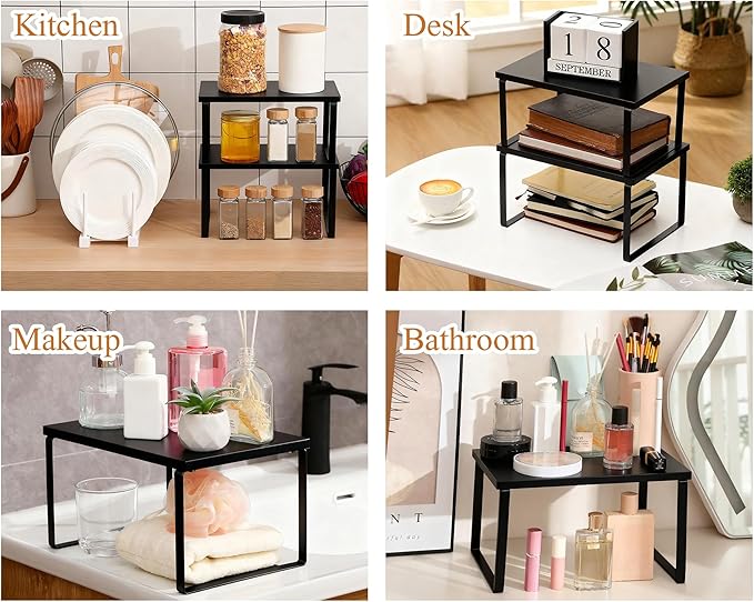 Marsui 4 Pcs Kitchen Organizer Accessories Set Cabinet Organizer Shelf and Bamboo Dish Drying Plate Rack Counter Shelves Storage Holder for Spice Rack, Dish, Pot Lid, Bowl, Cup (Black) - Image 7