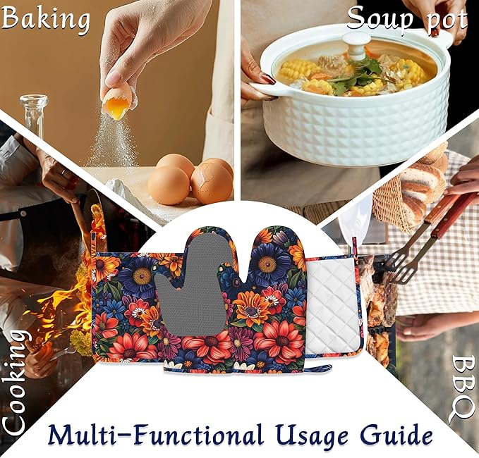 Colourful Flowers Potholders & Oven Mitts Sets Spring Floral Silicone Heat Resistant Oven Mits and Hot Pads Non-Slip Pot Holders Gloves for Kitchen Chef Cooking Baking Grilling BBQ