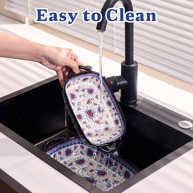 Ceramic Casserole Dishes for Oven, Hand-painted Polish Pottery Baking Dish Set of 2, 0.8QT / 2QT Porcelain Casserole Dishes with Handles, Baking Pan Lasagna Pan, Gift for Family/Friend (Blue) - Image 9