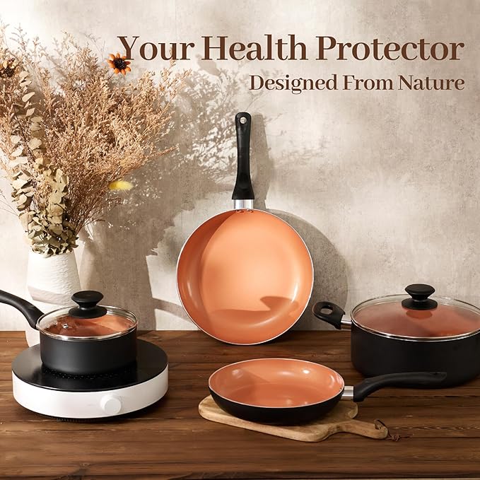 BECIGAR 8pcs Gold Ceramic Pots and Pans Set, Cooking Pan Set,Cooking Pot Set Ceramic Pan Set, Nonstick Cookware Set, Induction Safe Kitchen Cooking Set with Frying Pans, Saucepans, shovel and Ladle - Image 8