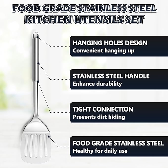 E-far Stainless Steel Kitchen Utensils Set, 39-Piece Cooking Utensils Set with Holder, Non-toxic Metal Heat Resistant Kitchen Gadgets Cookware Tool Spatula Set for Cooking, Dishwasher Safe - Image 8
