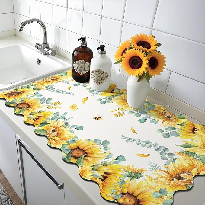 LOKHOM Scalloped Floral Dish Drying Mat, 17"x32" Super Absorbent Coffee Mat with Watercolor Yellow Sunflowers, Cuttable Hide Stain Non-slip Drying Mat for Kitchen Counter Coffee Maker Espresso Machine - Image 8