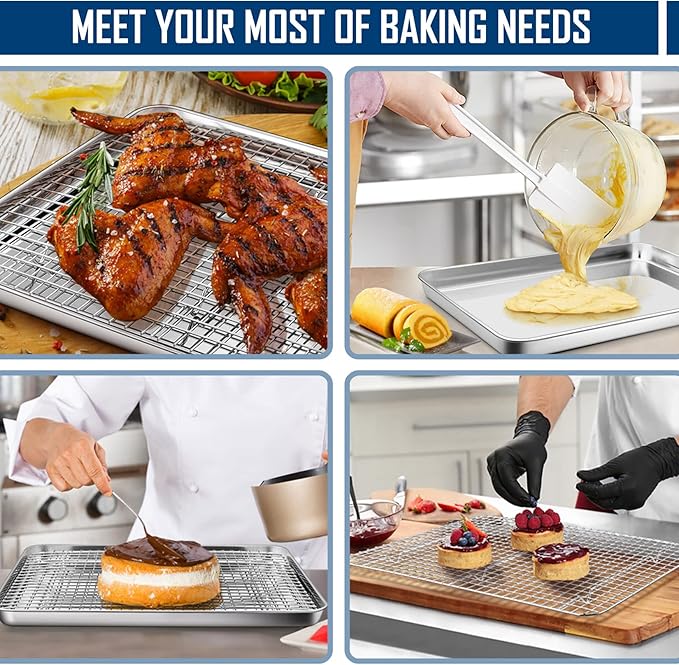 17.5 Inch Baking Sheet Pan with Cooling Rack Set, Joyfair Stainless Steel Toaster Oven Tray Pans with Grid Racks, Rectangular Bakeware for Cookie/Bacon, Heavy Duty & Rust-free, Dishwasher Safe