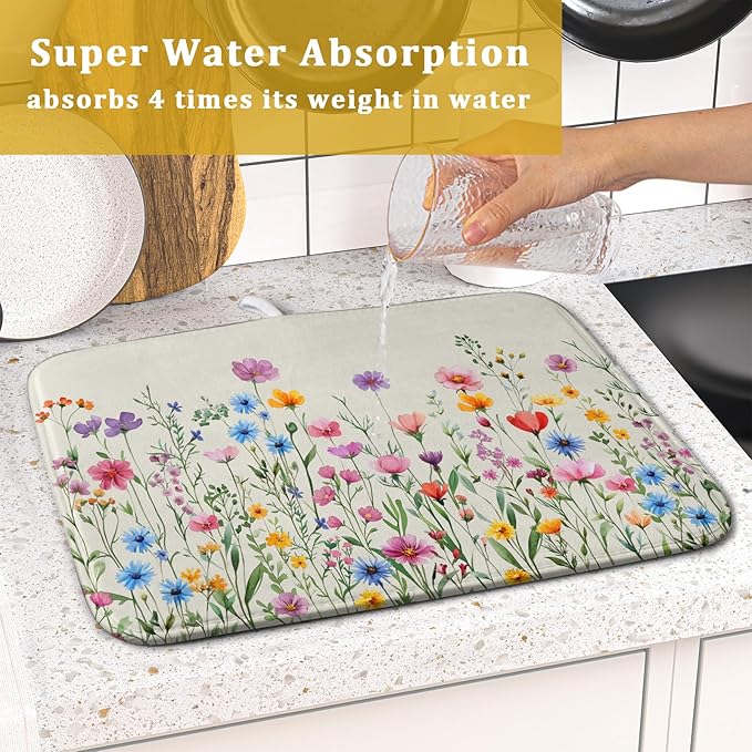 Giwawa Spring Floral Dish Drying Mat 16"x18" Watercolor Summer Wildflower Dish Drainer Mats Herb Flower Reversible Absorbent Dish Drying Pad Decor for Kitchen Countertop Dining Room
