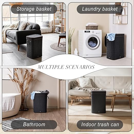 2 Pack 21 Gallon Bamboo Slim Trash Can with Lid Large Foldable Slim Rectangular Garbage Can Laundry Basket Bamboo Waste Basket for Bathroom Bedroom Office Home Salon Spa (Black)