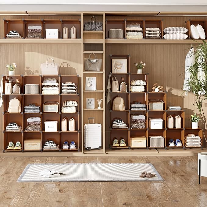 AWTATOS Cube Storage Organizer, Storage Cubes Shelves Bookshelf, 12 Cube Closet Organizers and Storage, DIY Stackable Plastic Clothes Organizer Shelving for Bedroom, Home, Cocoa Brown - Image 7