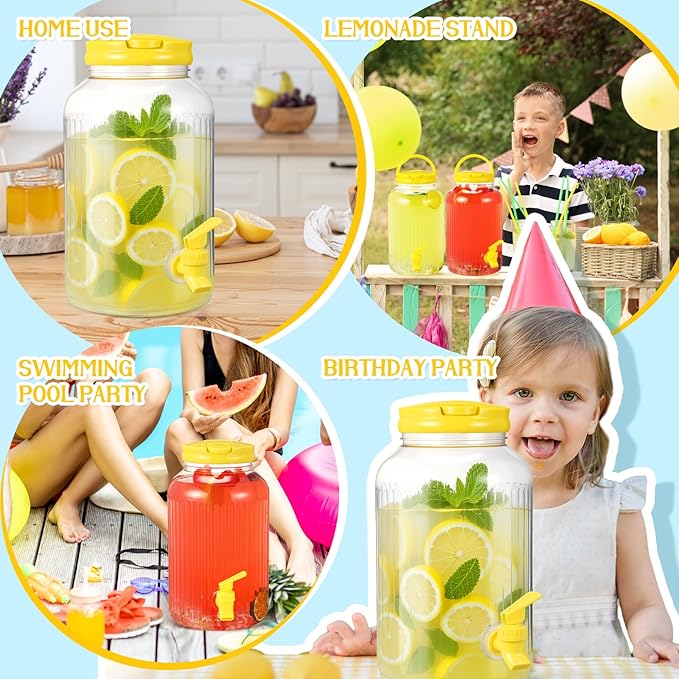 SiliFine 2 Pieces 1 Gallon Plastic Beverage Dispenser with Spigot Striped Clear Large Drink Beverage Dispenser Summer Fridge Water Container with Tap for Party Iced Tea, Sangria, Lemonade(Yellow)