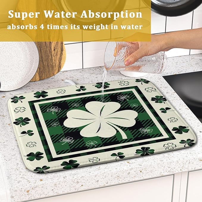 Giwawa Patrick Clovers Dish Drying Mat 16"x18" Lucky Shamrock Spring Leaf Dish Drainer Mats Green Black Buffalo Plaids Absorbent Microfiber Dish Drying Pad for Kitchen Countertop Small Decor