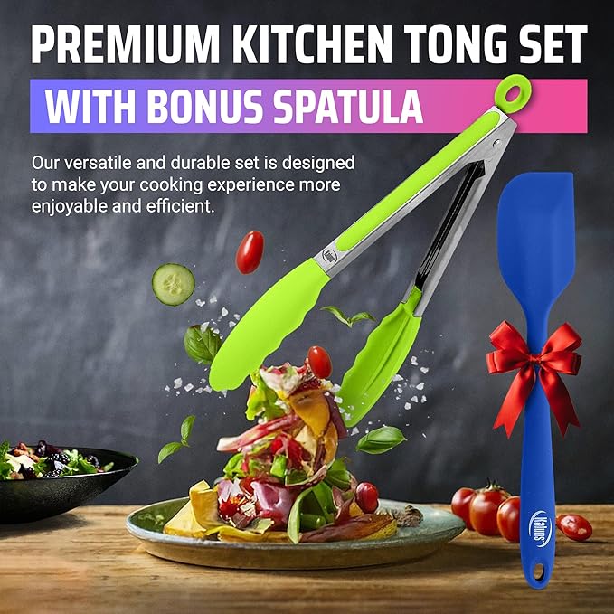 Kaluns Kitchen Tongs for Cooking Grilling Set of 4, BBQ Grill Tongs With Silicone Tip Stainless Steel Heat Resistant, Non-stick Pull Lock, Incl 7, 9, 12 Inch Tong Plus a Silicone Spatula - Image 7