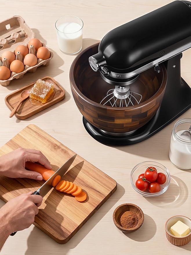 Premium Walnut Wood Mixing Bowl, Compatible with KitchenAid 4.5 & 5 QT Tilt-Head Mixers, Natural True Walnut Wooden Bowl with Stainless Steel Locking Base, 5QT (9.4")