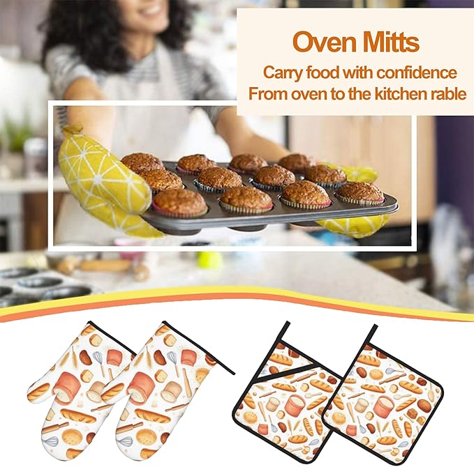 Kitchen Bread Oven Mitts with Matching Potholders - Heat Resistant Kitchen Accessories for Baking, Grilling, Cooking, Gifts for Women