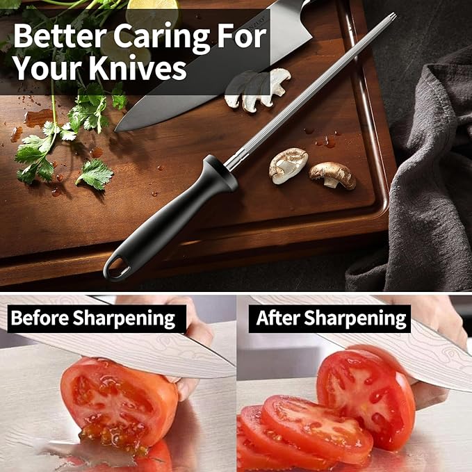 Knife Sharpener Rod, 13 Inch Carbon Steel Honing Steel for Kitchen Knives, Professional Magnetized Sharpening Stick with Nickel-Chrome Plating, Easy Grip Tool for Chef Knives - Image 7