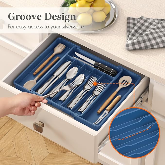 Lifewit Silverware Drawer Organizer, Expandable Utensil Tray for Kitchen, BPA Free Flatware and Cutlery Holder, Adjustable Plastic Storage for Spoons Forks Knives, 10.9"-17.5" x 13.7", Dark Blue - Image 8