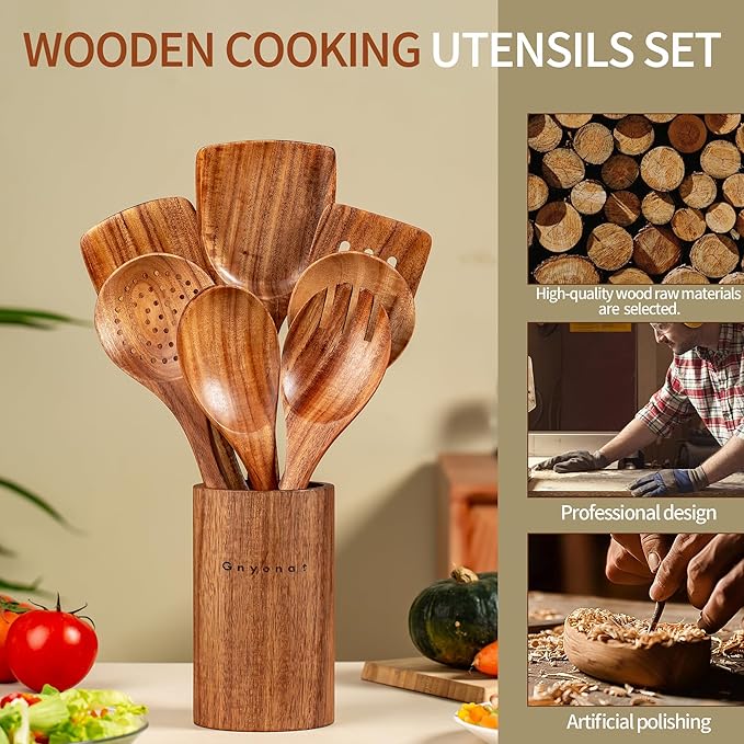 Wooden Spoons for Cooking,9 Pcs Teak Kitchen Utensil Set Wooden Cooking Utensils Wooden Spatula for Cooking - Image 7