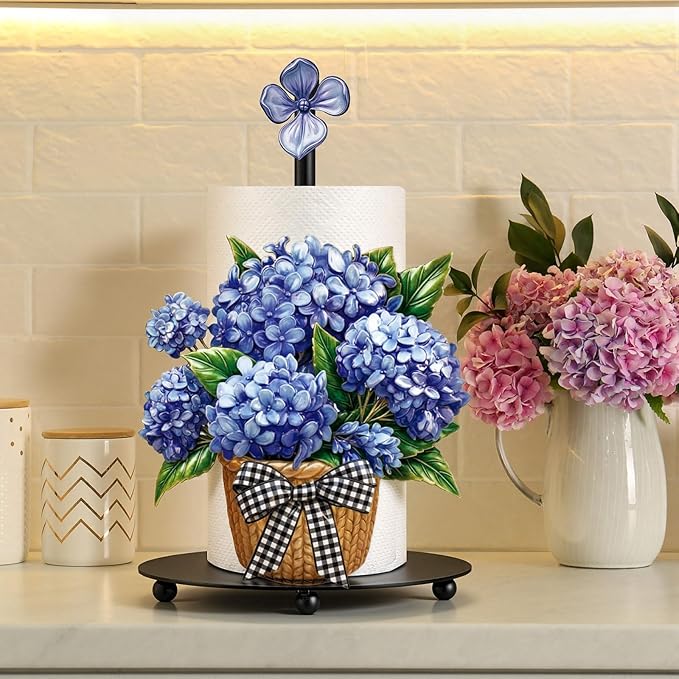 Thyle Blue Hydrangea Paper Towel Holder Summer Hydrangea Kitchen Decor Metal Flowers Paper Towel Holder Stand with Round Base for Summer Kitchen Bathroom Countertop Toilet Accessories