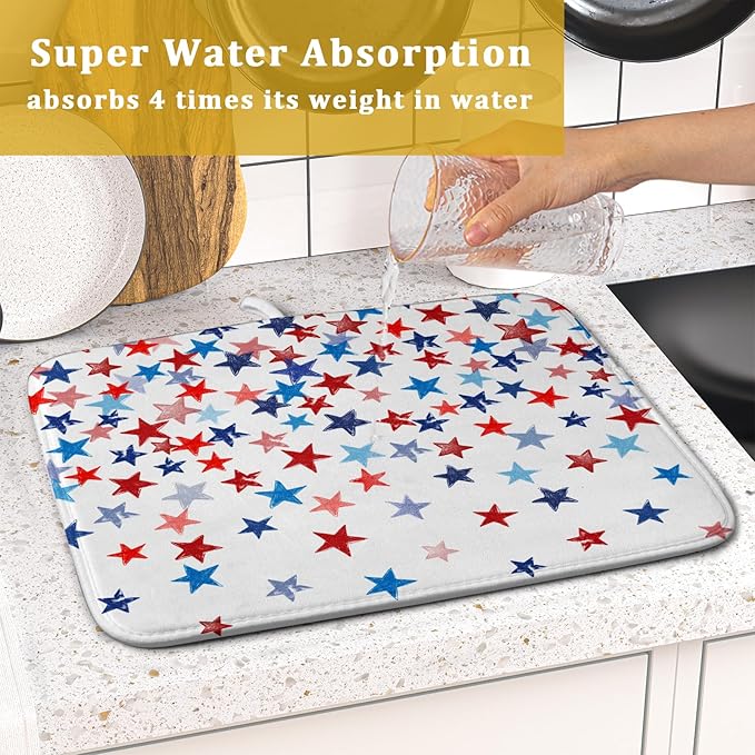 4th of July Dish Drying Mat for Kitchen Counter Patriotic Holiday Microfiber Absorbent Dish Draining Reusable Washable Foldable 16"x18" - Image 7