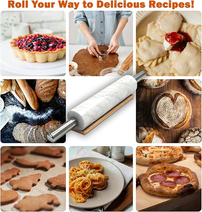 White Marble Rolling Pin with Stainless Steel Handles Baking Set - Silicone Baking Mat, Stainless Steel Dough Cutter, 3 Multicolor Thickness Guides & Wooden Base, Ideal for Pastry, Dough & Pizza - Image 7
