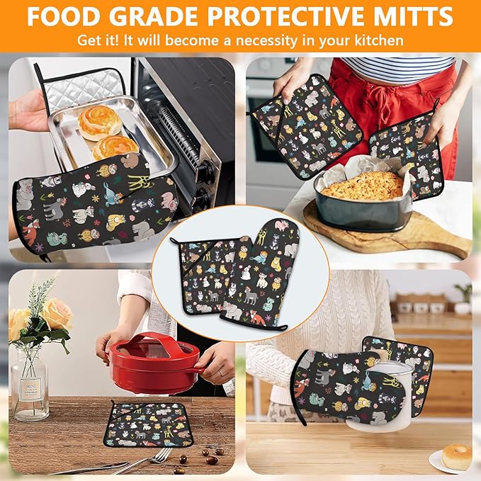 Cute Animals Oven Mitts and Pot Holders Sets 4Pcs,Extra Long Oven Gloves Potholder for Kitchen Cooking Baking BBQ 100% Cotton Heat Resistant - Image 7