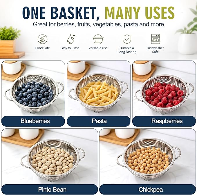 Palksky Small Colander Set of 2, 800 mL / 0.85 Qt Stainless Steel Mini Colanders with Riveted Handles, Footed Base & Micro-Perforations, Metal Kitchen Strainers for Berries, Fruits, Vegetables & Pasta